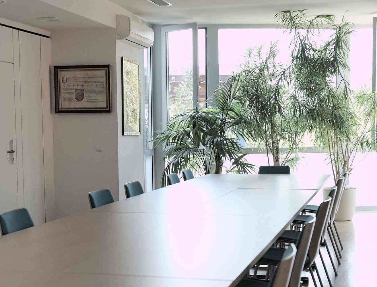 Ein leerer Besprechungsraum mit einem langen Tisch und Stühlen. Vor den Fenstern stehen Topfpflanzen. An der Wand hängt ein Zertifikat.