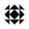Ein schwarzes und weißes geometrisches Muster zeigt ein zentrales Quadrat, das von vier Dreiecken umgeben ist und ein symmetrisches Design erzeugt.