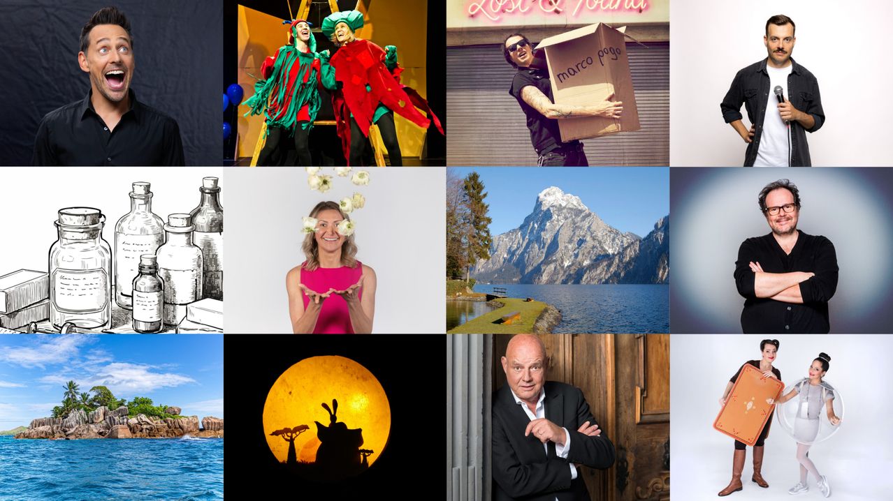 Eine Collage von Bildern zeigt eine Frau mit Blumen, einen Berg, einen Mond und einen Mann im Anzug.