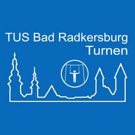Ein blauer Banner mit dem Text 'TUS Bad Radkersburg Turnen' und einer Illustration einer Person, die in einem Kreis schwingt.