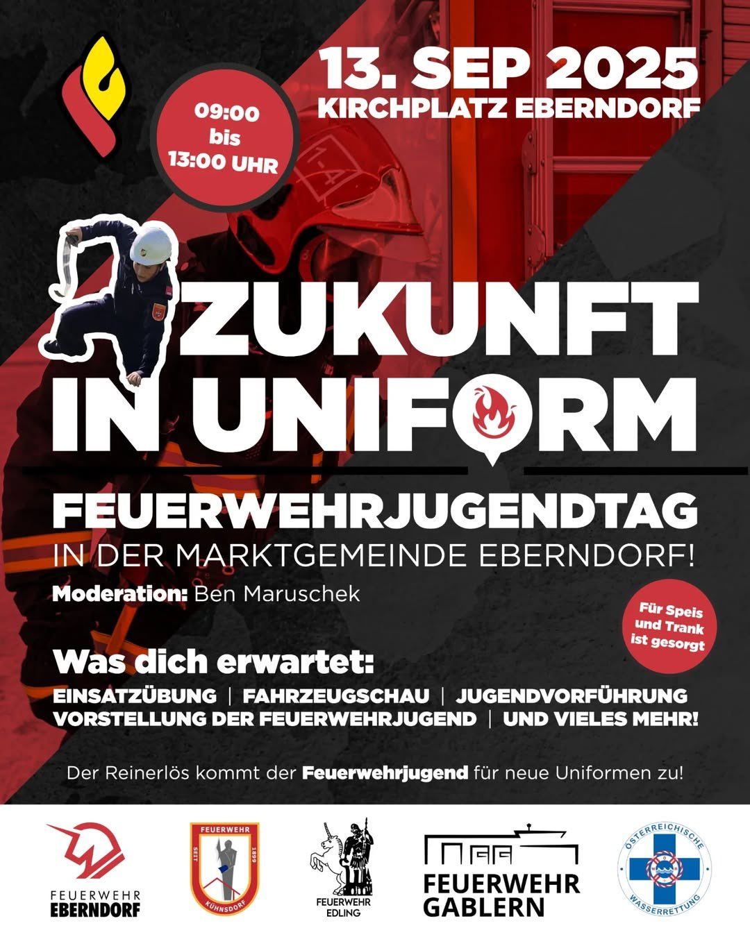 Plakat für Zukunft in Uniform-Veranstaltung mit Feuerwehrmann in Uniform. Zeit: 09:00 bis 13:00 am Kirchplatz Eberndorf. Beinhaltet Feuerwehrfahrzeugschau, Jugendvorführung und mehr.