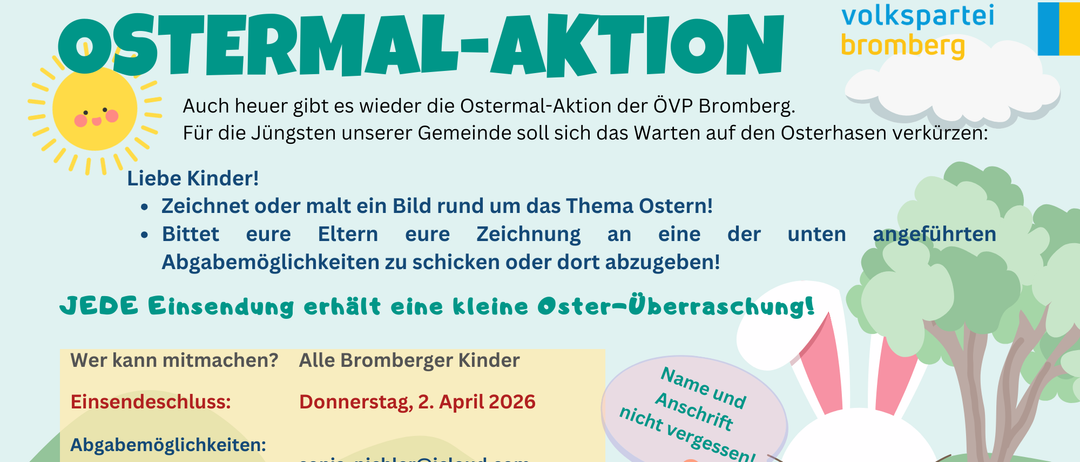 Plakat für die Osteraktion der ÖVP Bromberg für Kinder. Kinder können ein Osterbild malen oder zeichnen. Senden Sie es vor dem 2. April 2026 an eine bestimmte E-Mail. Alle Bromberger Kinder können teilnehmen. Namen und Kontaktinfo nicht vergessen!