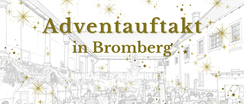 A festive poster for Adventauftakt in Bromberg, featuring a crowd of people and stars. The event is scheduled for Sunday, November 28th.