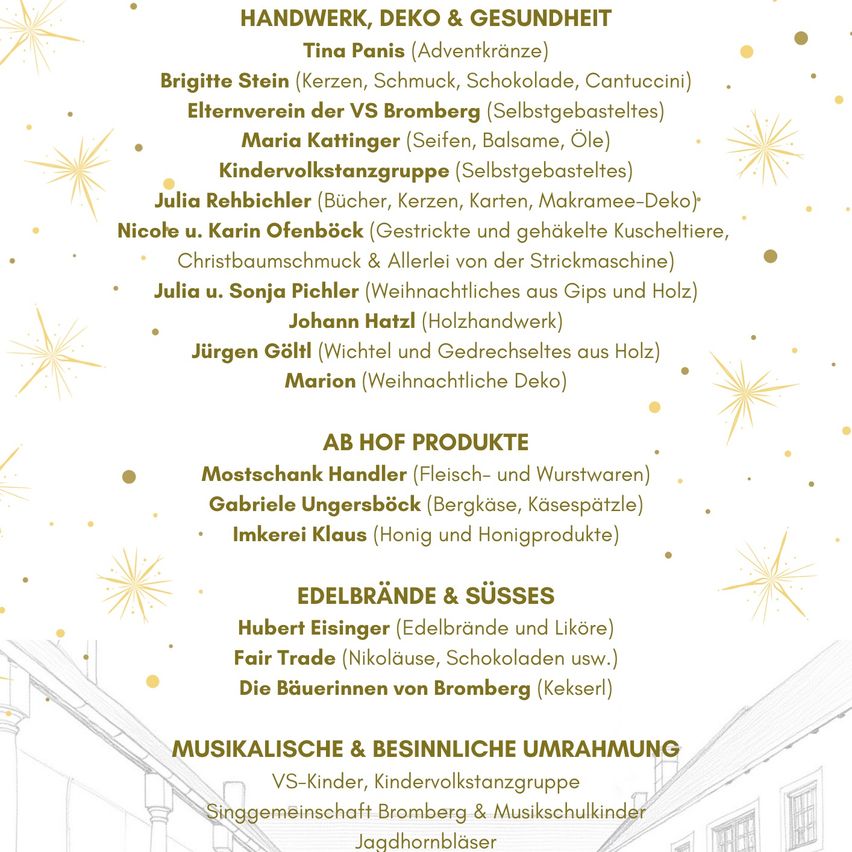 Ein Poster listet verschiedene Handwerkskunst, Dekorationen und Gesundheitsprodukte mit Namen und Beschreibungen auf. Kategorien umfassen handgefertigte Dekorationen, Hof-Produkte, Spirituosen und Süßigkeiten sowie musikalische und kreative Aktivitäten.