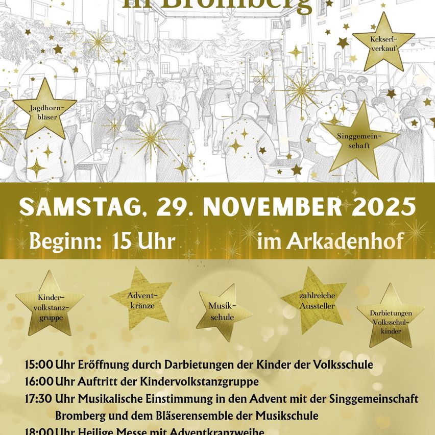 Ein Plakat für eine Veranstaltung im Arkadenhof am Samstag, 29. November 2025, mit verschiedenen Aktivitäten wie Darbietungen von Kindern, Aufführungen und einer Messe. Die Veranstaltung beginnt um 15:00 Uhr.