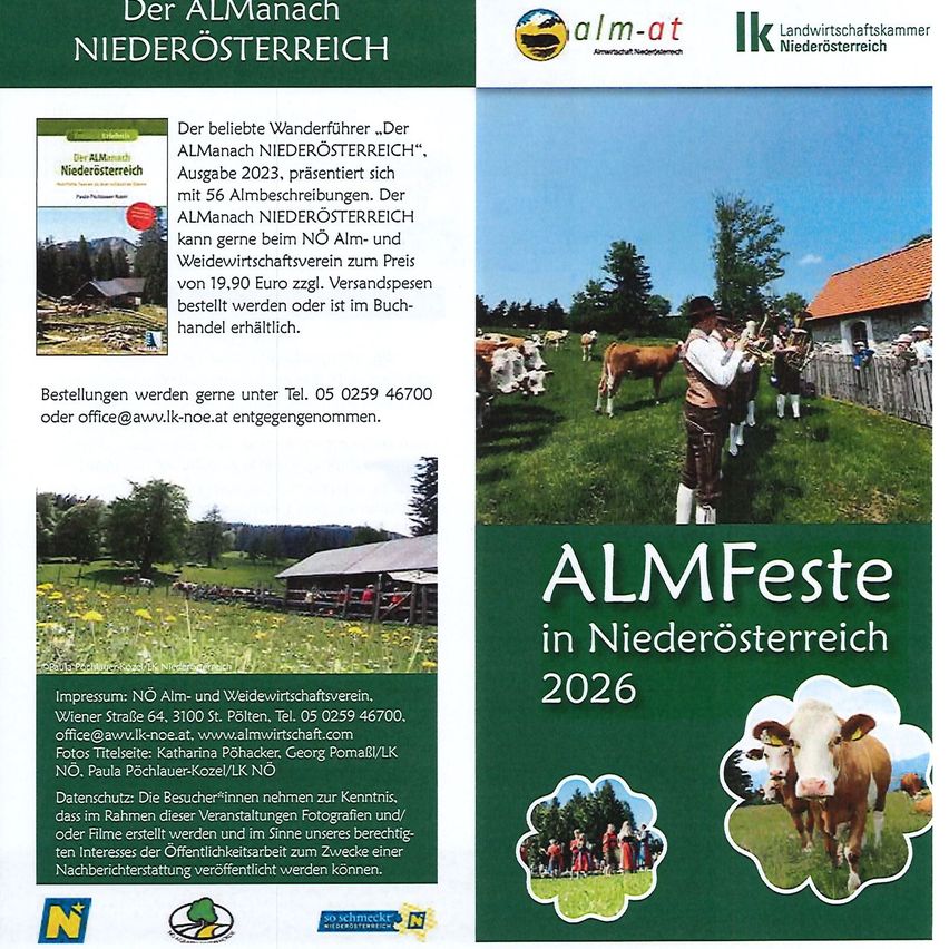Poster with a photo of a cow. It includes details about the AlmManach NIEDEÖSTERREICH 2023, featuring 56 descriptions of Alms. It can be purchased at NO Alm and Weidewirtschaftsverein for 19.90 Euro. Contact NO Alm for orders.