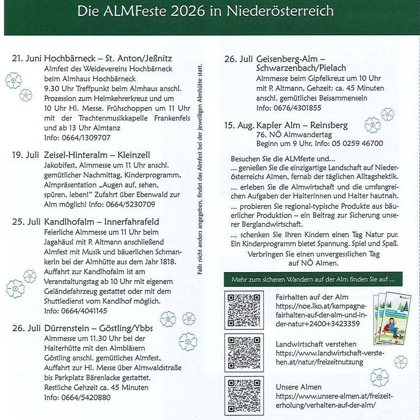 The image shows an event calendar for Almfeste 2026 in Niederosterreich, Austria. It lists several dates and locations for different Almfest events, including times, activities, and contact information.