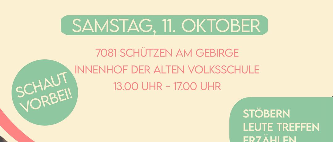 Werbeplakat für Dorfflohmarkt, den ersten Dorfflohmarkt, am Samstag, 11. Oktober. Die Veranstaltung bietet Uhrenstände an und findet von 13:00 Uhr bis 17:00 Uhr im Innenhof der alten Schule statt.