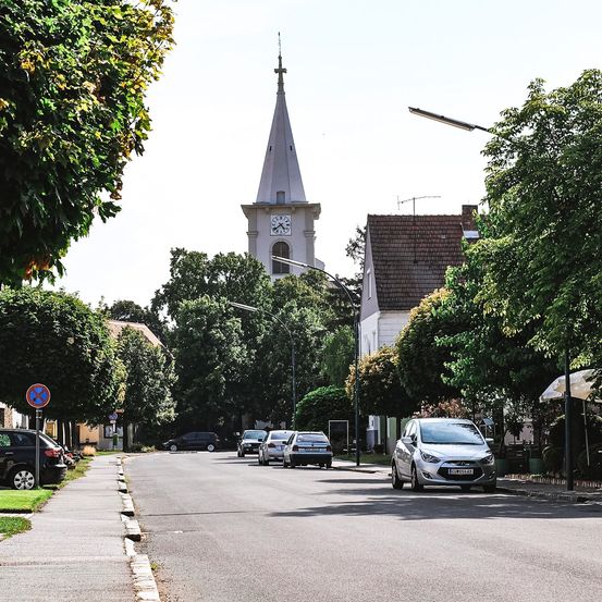 Eine Straße mit geparkten Autos unter Bäumen, ein Kirchturm in der Ferne und ein klarer Himmel.