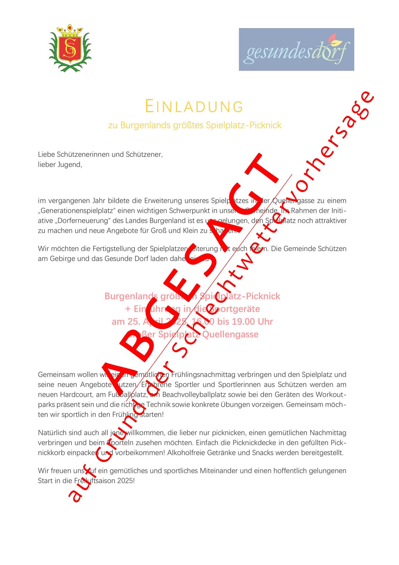 Einladungsposter mit rotem Text, das alle einlädt, am größten Picknick in Burgenland teilzunehmen. Es enthält Details zu Datum, Uhrzeit und geplanten Aktivitäten für die Veranstaltung.