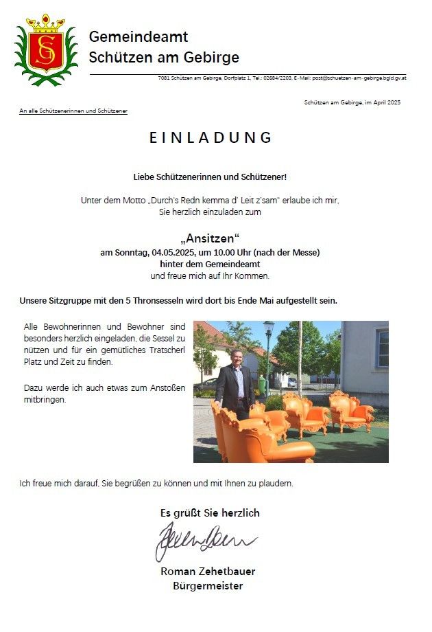 Ein Einladungsschreiben von Schützen am Goberge mit einem Bild eines Mannes mit orangefarbenen Stühlen im Hintergrund. Der Brief ist auf April 2025 datiert und lädt Schützenerinnen und Schützen zu einem Treffen ein.