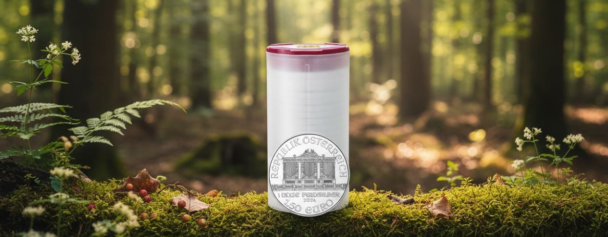Ein weißer Plastikbecher mit rotem Deckel steht in einem Wald und zeigt eine 150-Euro-Münze mit einem Gebäudedesign.