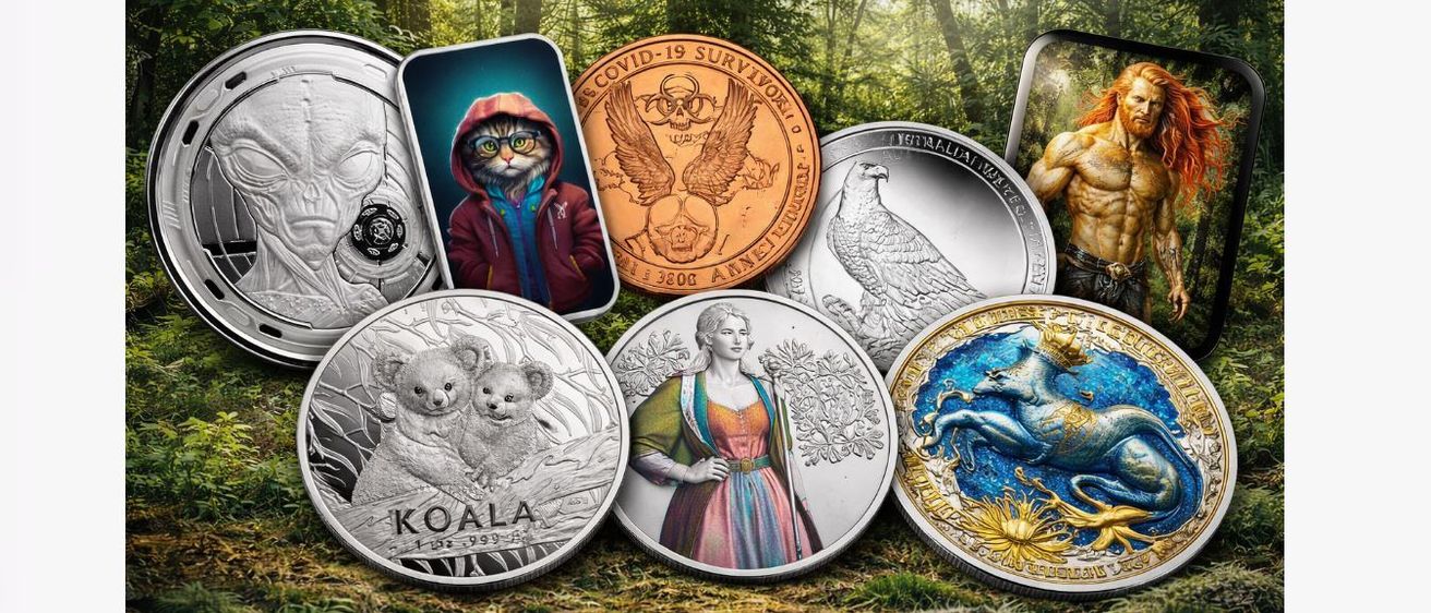 Eine Sammlung künstlerisch gestalteter Münzen, darunter eine Katze in einer Kapuze, eine Frau in einem Kleid und ein Pferd auf blauem Hintergrund.