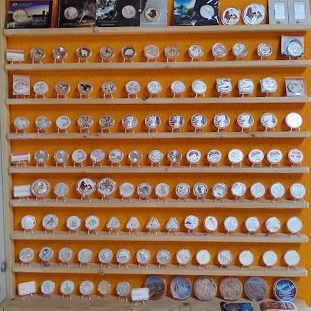 Ein holzfarbener Regal zeigt eine Sammlung von Münzen und Karten auf orangefarbenem Hintergrund. Die Münzen sind auf Ständern ausgestellt, während sich die Karten im obersten Regal befinden. Die Karten zeigen Bilder von Tieren und Menschen.