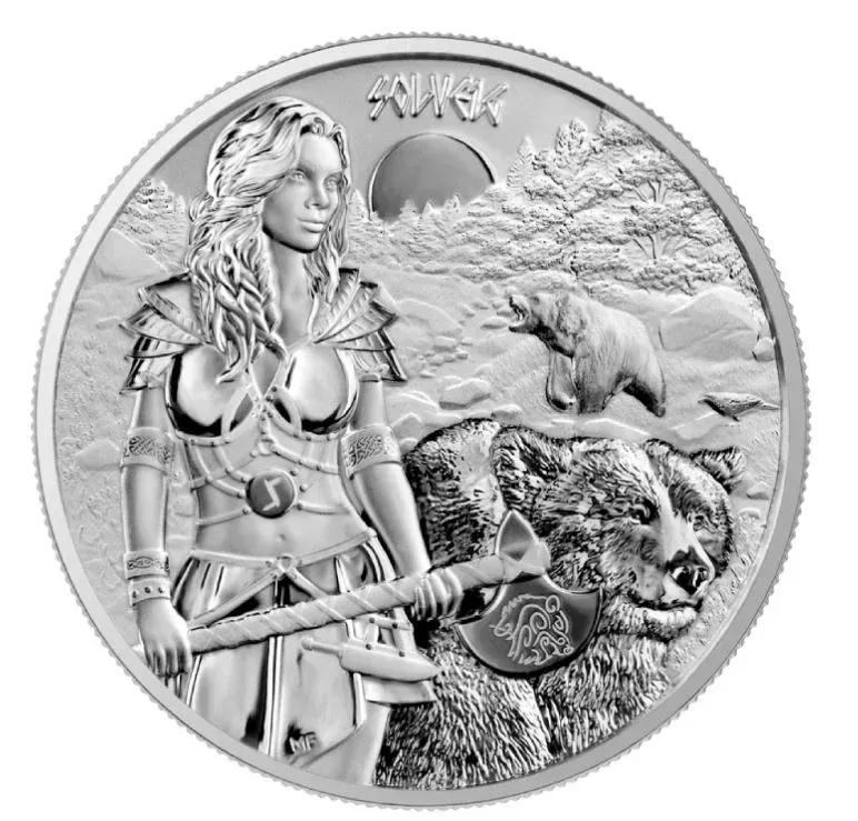 Eine Silbermünze zeigt eine Kriegerin mit einer Axt, die einem Bären gegenübersteht. Sie trägt eine Rüstung und hat einen entschlossenen Ausdruck. Der Bär brüllt und der Mond ist im Hintergrund.