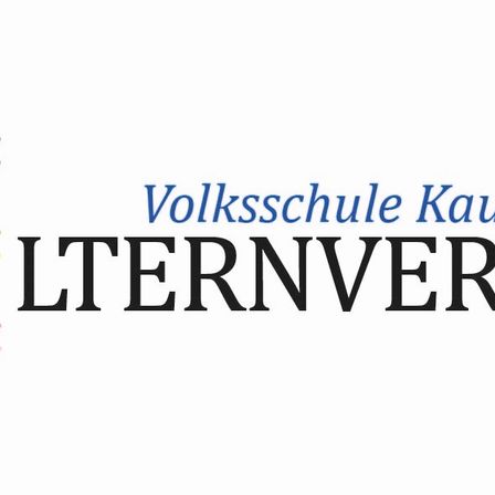 Ein Logo für Kaumb Volksschule Lernvere, das eine Stapel von farbigen Bleistiften auf der linken Seite und den Text auf der rechten Seite zeigt.