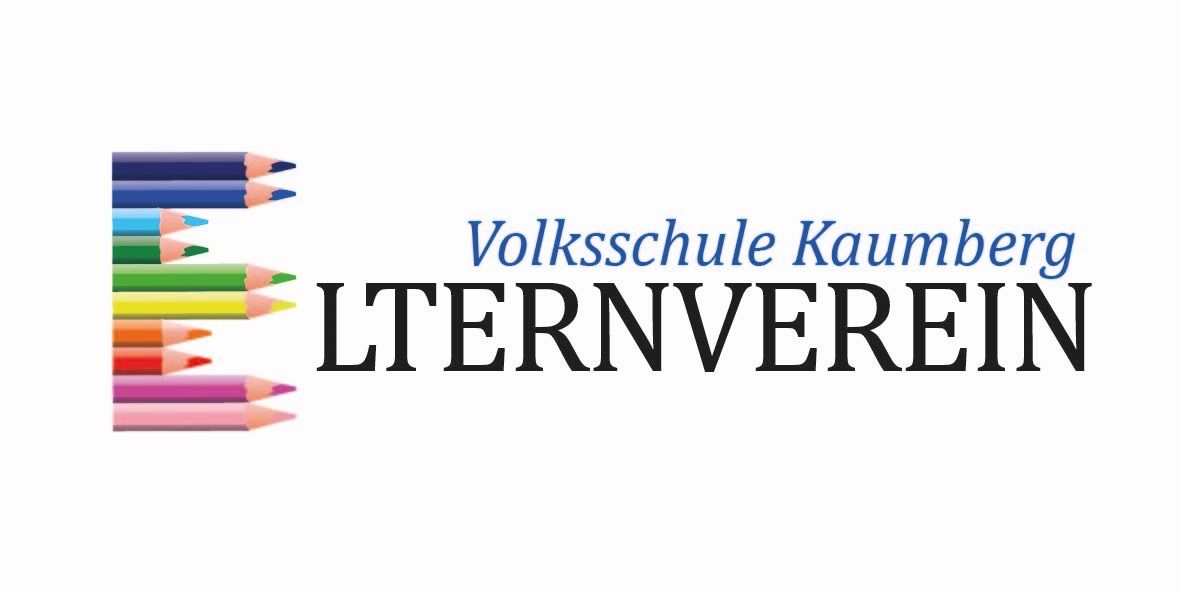 Ein Logo für Kaumb Volksschule Lernvere, das eine Stapel von farbigen Bleistiften auf der linken Seite und den Text auf der rechten Seite zeigt.