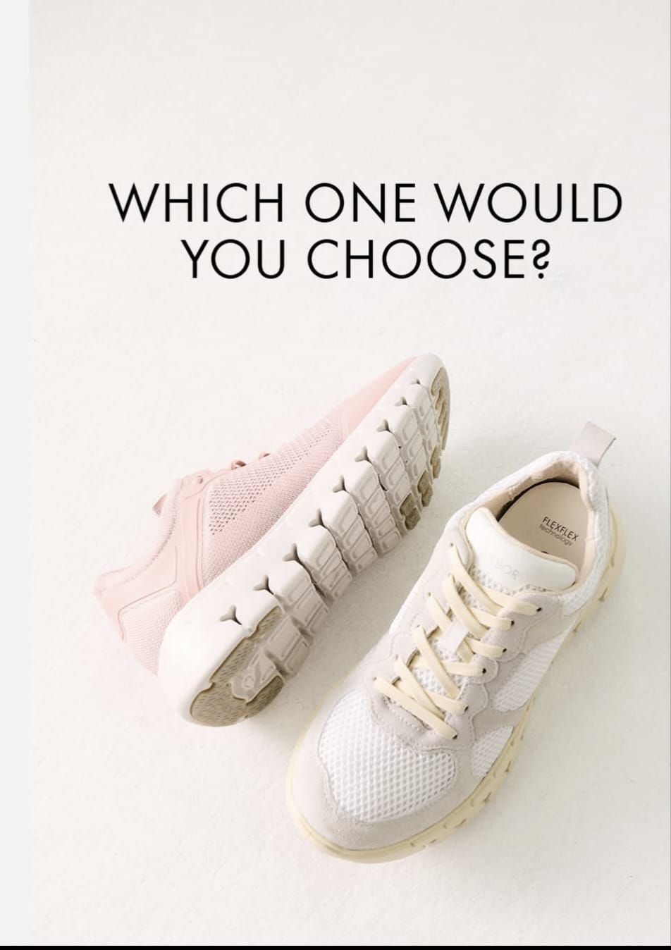 Das Bild zeigt zwei Sneakers, einen in Weiß und einen in Rosa. Beide haben eine weiße Sohle und Mesh-Oberteile. Die Frage oben fragt, welche Sie wählen würden.