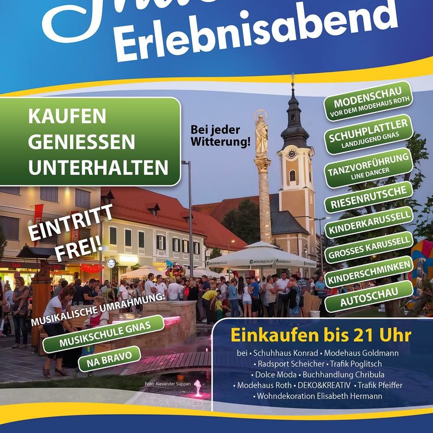 A flyer for an evening event in a town square with a crowd of people, a fountain, and a church tower. Various activities are listed, including shopping, tasting, and entertainment. The event is free to enter.