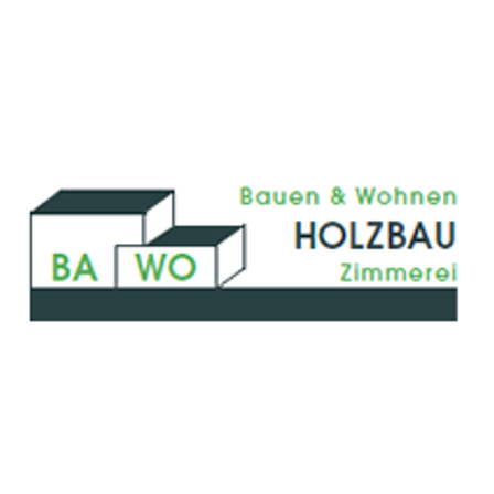 Das Logo von Holzbau Zimmerei zeigt ein stilisiertes Gebäude mit den Worten 'Bauen & Wohnen' darüber und 'Holzbau Zimmerei' darunter.