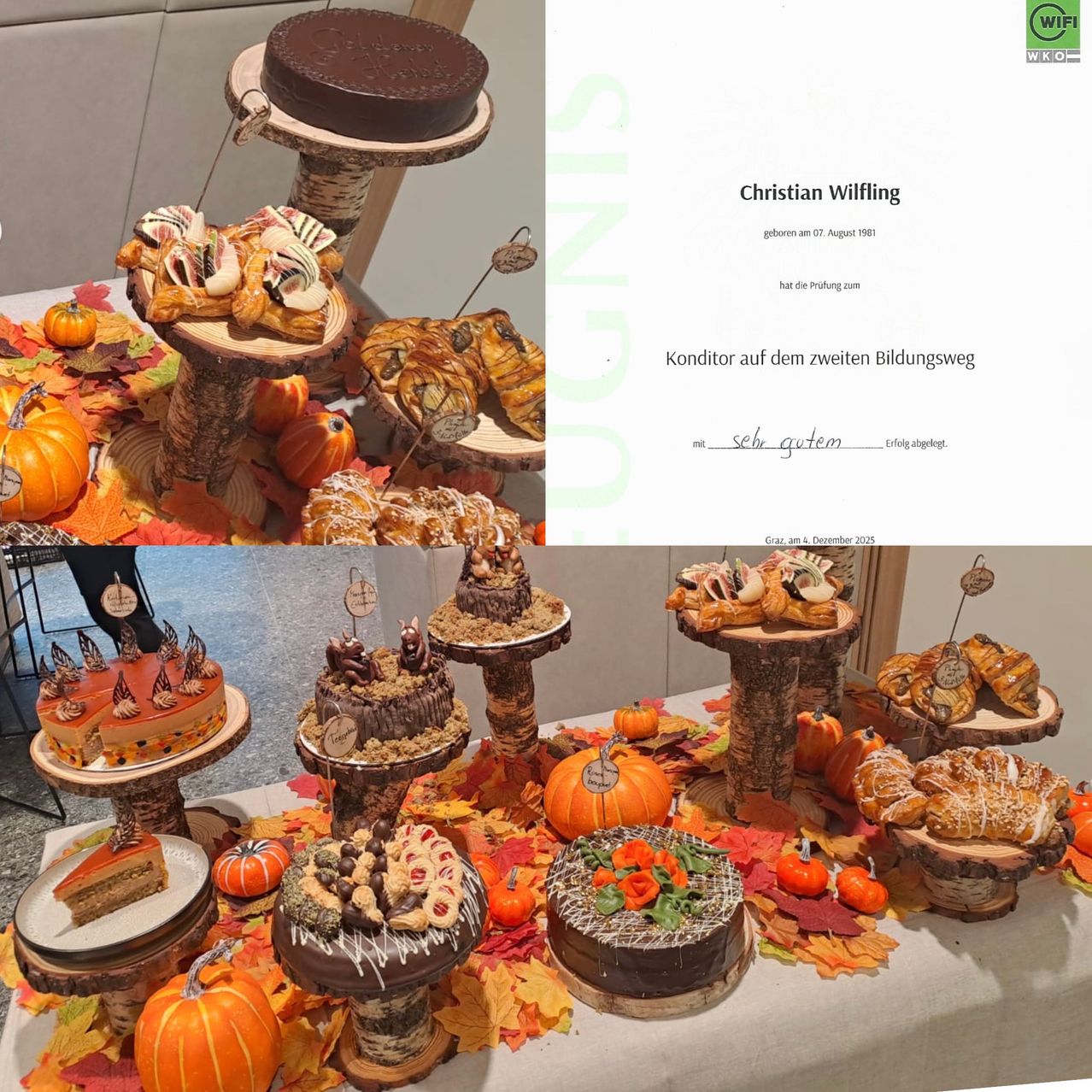 Ein Tisch mit mehreren Kuchenständern, die jeweils einen Schokoladenkuchen mit saisonalen Dekorationen halten. Der Tisch ist mit Kürbissen und Herbstblättern geschmückt. Ein Zertifikat mit dem Titel Christian Wilfling ist auf weißem Hintergrund ausgestellt.