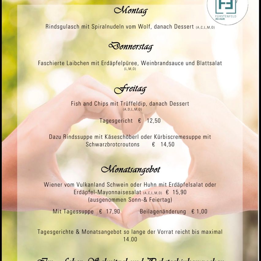 A menu showing a weekly meal plan with dishes for Monday to Friday, including prices and ingredients. Monday: Beefsteak with spiral noodles, dessert. Tuesday: Grilled carp with erdapfel puree, wine sauce, and lettuce salad. Friday: Fish and chips with truffle dip, dessert. Monday morning: Wiener from Vulkanland or pork with erdapfel salad or erdapfel-mayonnaise salad.