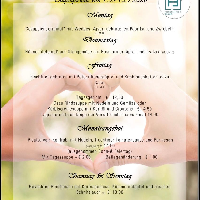 A menu for a week from 7.9. to 13.9.2026, featuring various dishes like Cevapcci, chicken fillet, and fish fillet, with prices and ingredients listed.