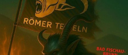 Ein Plakat zeigt einen gehörnten Dämon mit einem Banner, auf dem 'Romer Teufeln' steht, vor einem feuerroten Hintergrund. Das Plakat enthält den Text 'Wo: Hauptplatz' und 'Bad Fischau-Brunn', was auf einen Ort hinweist.