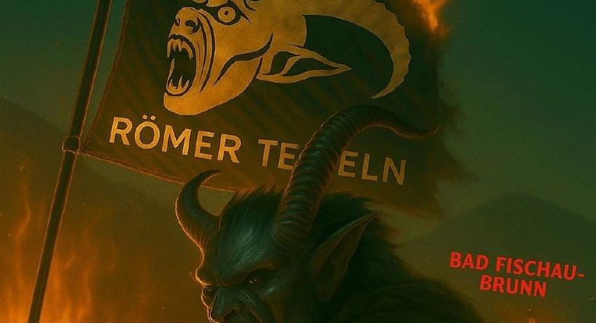 Ein Plakat zeigt einen gehörnten Dämon mit einem Banner, auf dem 'Romer Teufeln' steht, vor einem feuerroten Hintergrund. Das Plakat enthält den Text 'Wo: Hauptplatz' und 'Bad Fischau-Brunn', was auf einen Ort hinweist.
