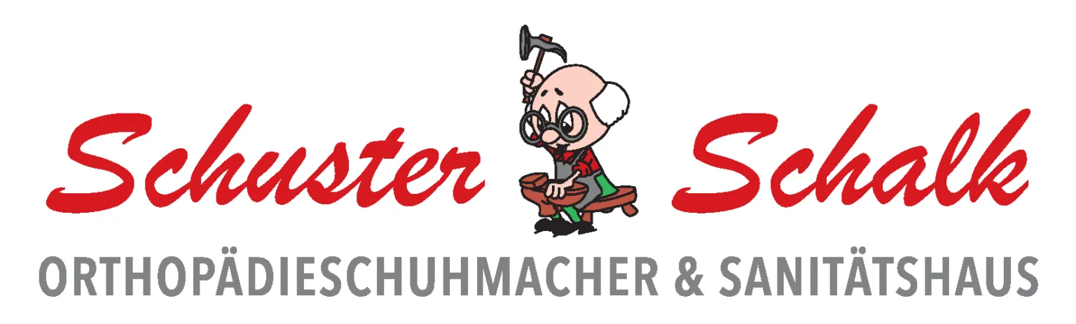 Das Logo für 'Suster Schuhmacher & San' zeigt einen gezeichneten alten Mann, der auf einer Bank sitzt, einen Hammer hält und eine Brille trägt.