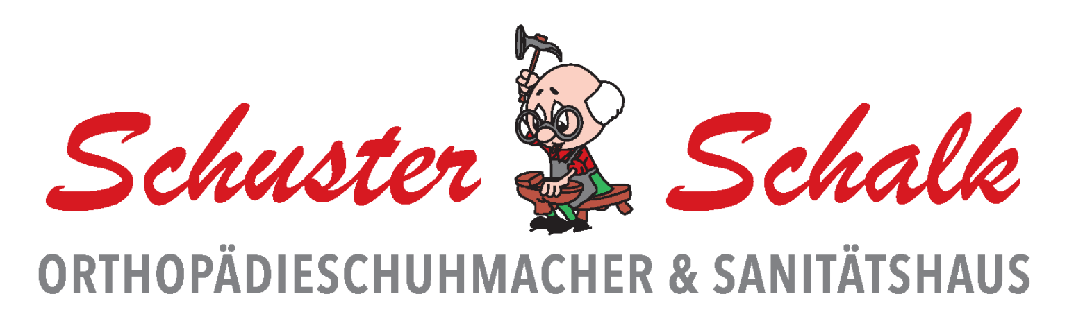 Das Logo für 'Suster Schuhmacher & San' zeigt einen gezeichneten alten Mann, der auf einer Bank sitzt, einen Hammer hält und eine Brille trägt.