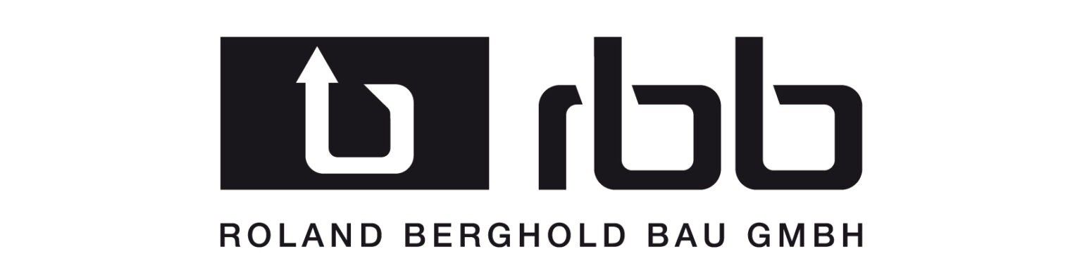 Das Logo von Land Berghold Bau GmbH zeigt ein stilisiertes 'U' und 'rbb' in Schwarz und Weiß mit einem weißen Pfeil, der nach oben zeigt.
