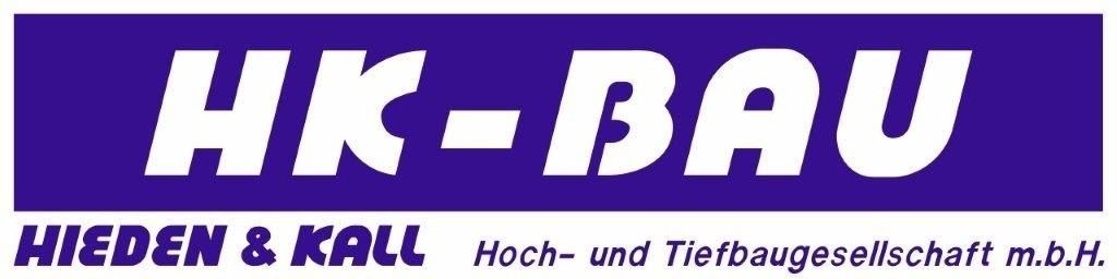 HK-Bau Logo mit weißem Text auf lila Hintergrund, darunter Firmenname und Geschäftsbeschreibung.