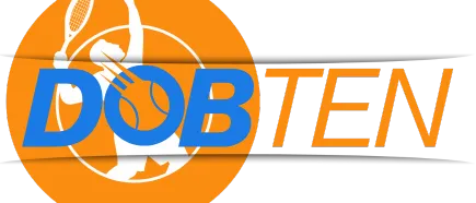 Orange und schwarzes Logo mit einem Tennisspieler in Aktion, der Text lautet DOB TEN.