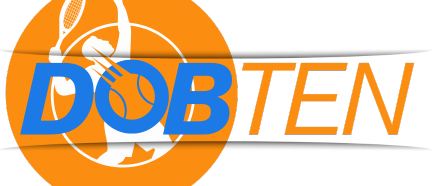 Orange und schwarzes Logo mit einem Tennisspieler in Aktion, der Text lautet DOB TEN.