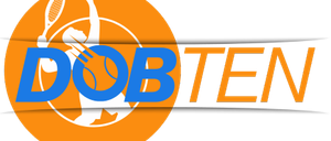 Orange und schwarzes Logo mit einem Tennisspieler in Aktion, der Text lautet DOB TEN.