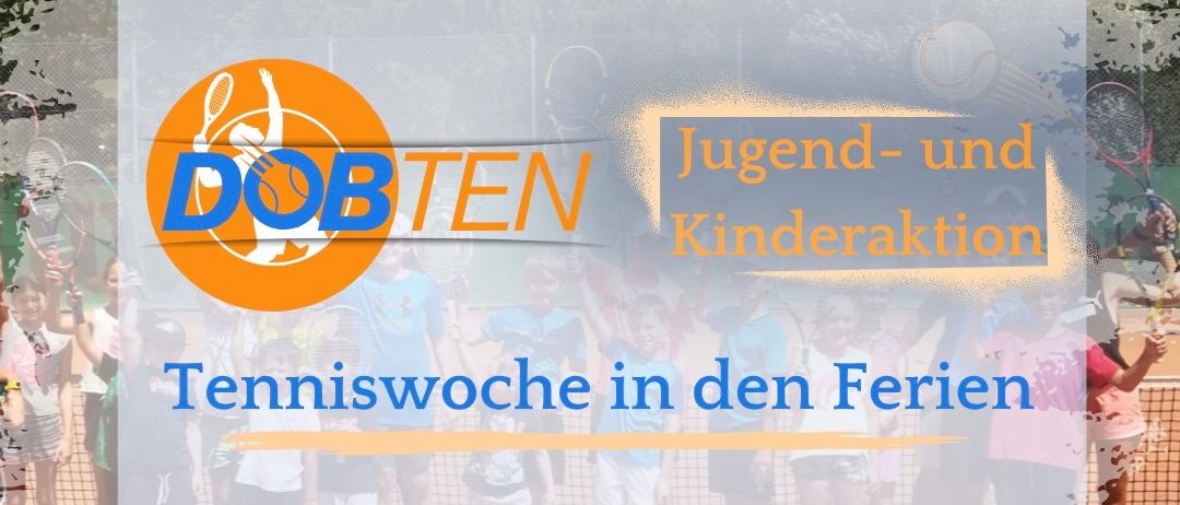 Ein Werbebild für eine Jugendtennisaktivität während der Ferien, mit Logo und Kindern, die Tennis spielen.
