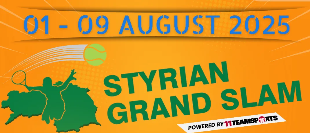Plakat für das steirische Grand Slam Tennisturnier. Termine: 1. bis 9. August 2025. Verschiedene Kategorien für Damen und Herren. Anmeldung: www.dob-ten.at.