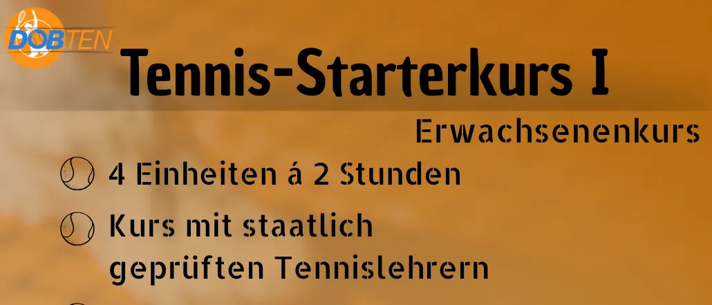 Erwachsenenkurs. 4 Einheiten à 2 Stunden. Kurs mit staatlich geprüften Tennislehrern. Leihschläger auf Anfrage inklusive. Gutscheinausstellung für den Kurs möglich. Anmeldeformular hier. Neue Spielpartner kennenlernen. Termine: 28.11., 5.12., 12.12., 19.12. Tennishalle DobTen, St. Peter-Hauptstraße 254, Graz. Preis 120€ p.P.