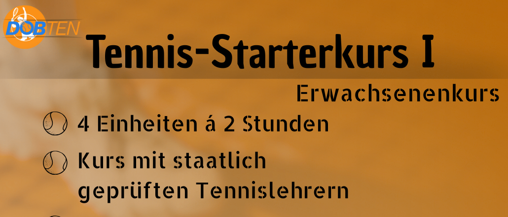 Erwachsenenkurs. 4 Einheiten à 2 Stunden. Kurs mit staatlich geprüften Tennislehrern. Leihschläger auf Anfrage inklusive. Gutscheinausstellung für den Kurs möglich. Anmeldeformular hier. Neue Spielpartner kennenlernen. Termine: 28.11., 5.12., 12.12., 19.12. Tennishalle DobTen, St. Peter-Hauptstraße 254, Graz. Preis 120€ p.P.