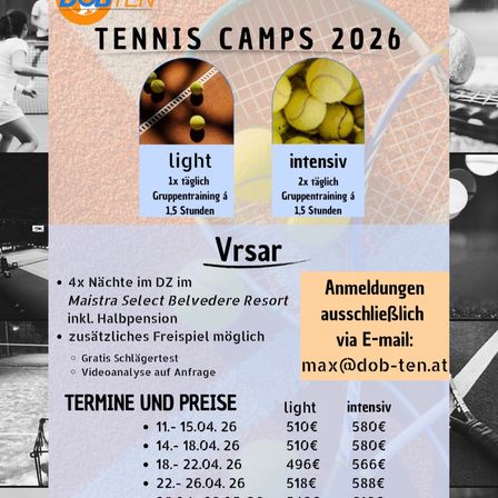 Tennis Camps 2026 in Vrsar, Kroatien. 4 Nächte im Maista Select Belvedere Resort, inklusive Halbpension. Optional zusätzliche freie Nacht, kostenloser Schlaftest und Videoanalyse auf Anfrage. Anmeldung ausschließlich per E-Mail: max@dob-ten.at. Light- und intensive Trainingsoptionen.