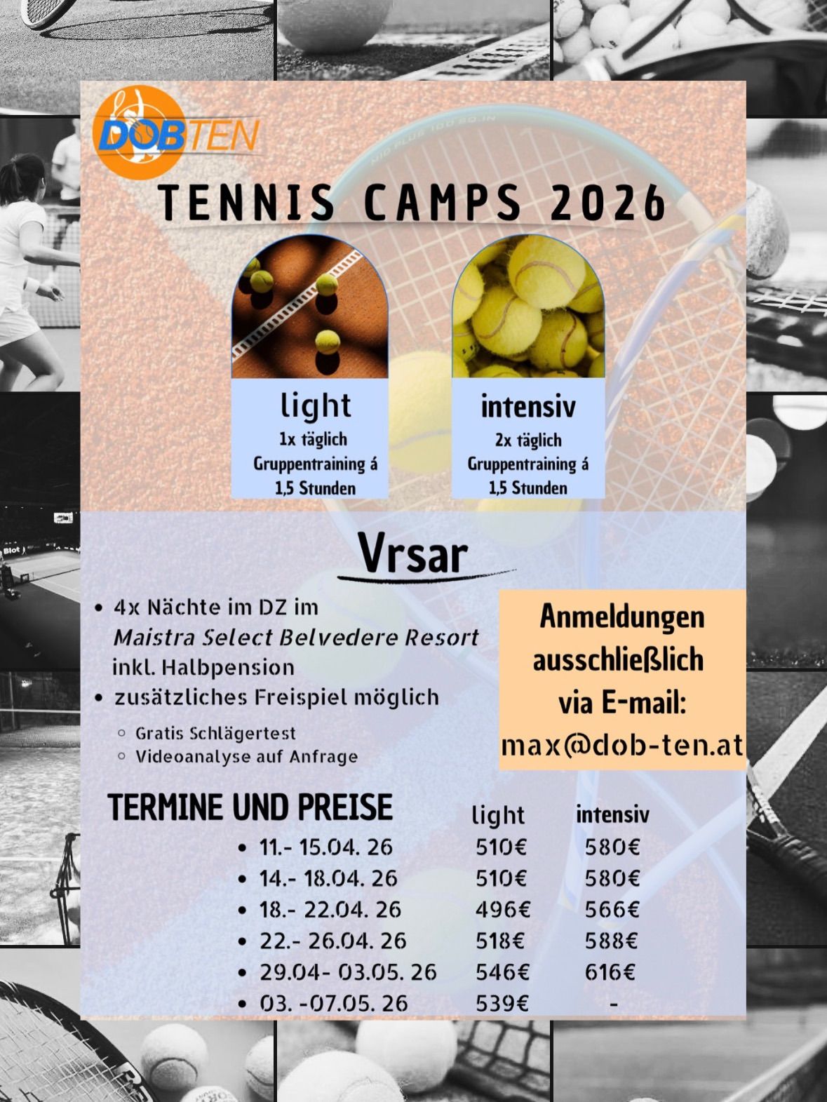 Tennis Camps 2026 in Vrsar. 4 Nächte im Maista Select Belvedere Resort mit Halbpension, Tennisplatzzugang, kostenlosem Tennistest, Videoanalyse. Es gibt leichte und intensive Trainingsoptionen. E-Mail max@dob-ten.at für Buchungen.