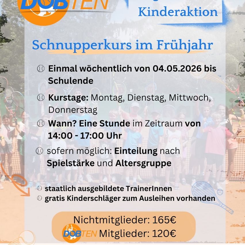 Wöchentlicher Tenniskurs für Kinder im Frühling, Beginn 4.05.2026. Mo, Di, Mi, Do. Zeit: 14:00-17:00 Uhr. Kostenlose Kinderschläger. Nichtmitglieder: 165€, Mitglieder: 120€.