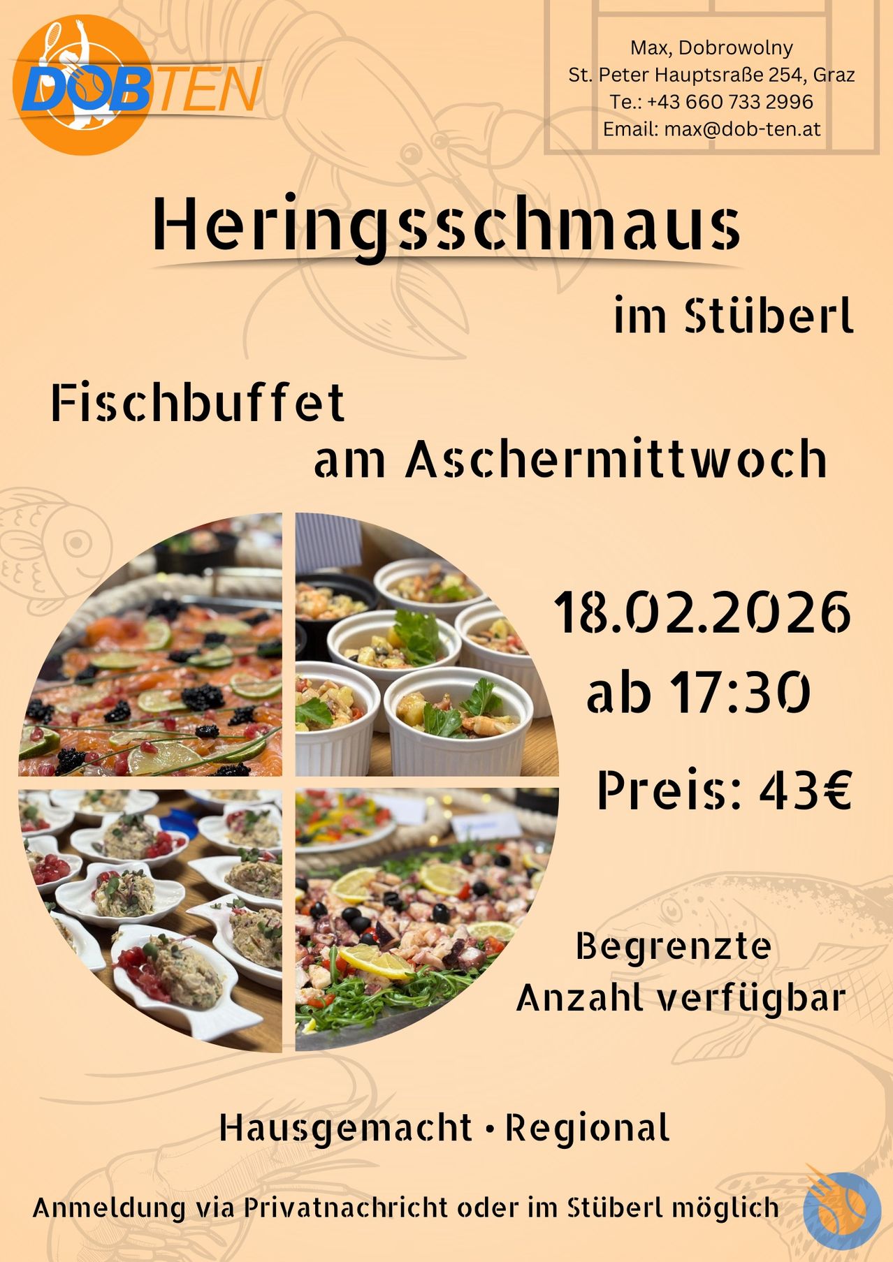 Eine Werbung für ein Fischbuffet am Aschermittwoch im Stiiberl. Das Buffet beginnt am 18.02.2026 um 17:30 Uhr. Der Preis beträgt 43 Euro. Die Anzahl ist begrenzt.