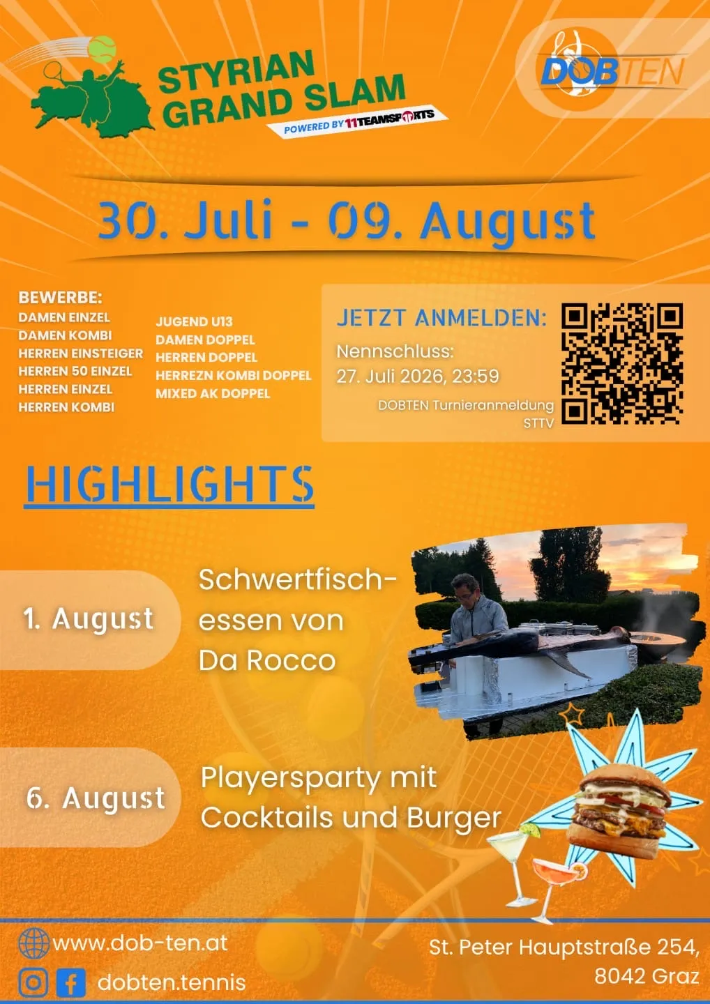 Ein orangefarbenes Plakat bewirbt ein Tennisturnier mit Anmeldedetails, Highlights und einem QR-Code für die Anmeldung. Das Plakat enthält Termine, Kategorien für Teilnehmer und Bilder eines Tennisspielers und eines Hamburgers.