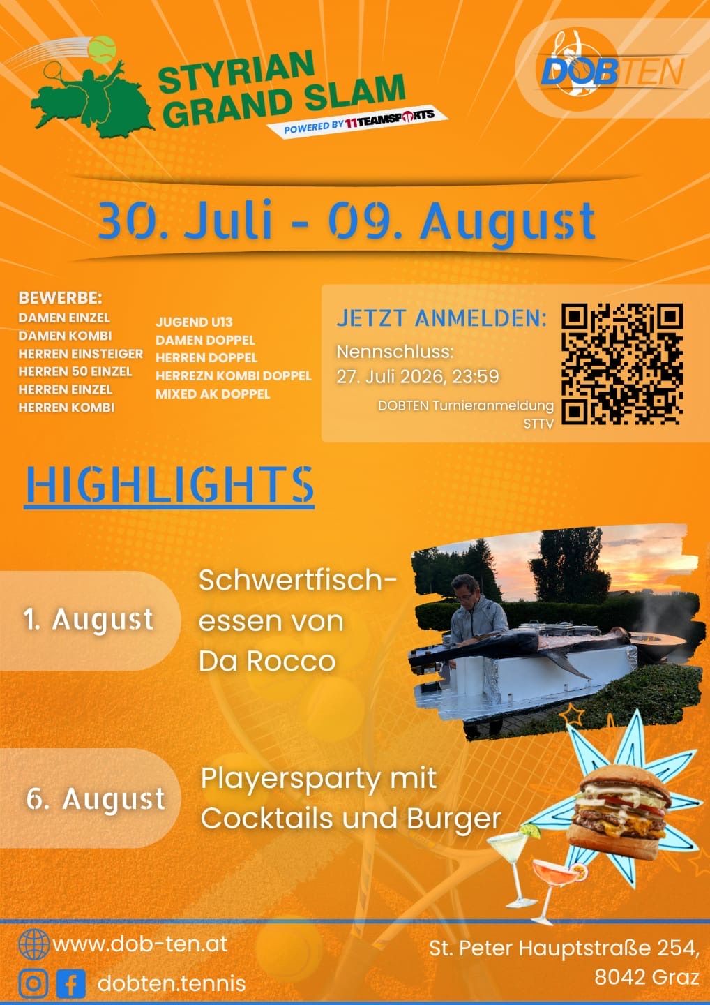 Ein orangefarbenes Plakat bewirbt ein Tennisturnier mit Anmeldedetails, Highlights und einem QR-Code für die Anmeldung. Das Plakat enthält Termine, Kategorien für Teilnehmer und Bilder eines Tennisspielers und eines Hamburgers.