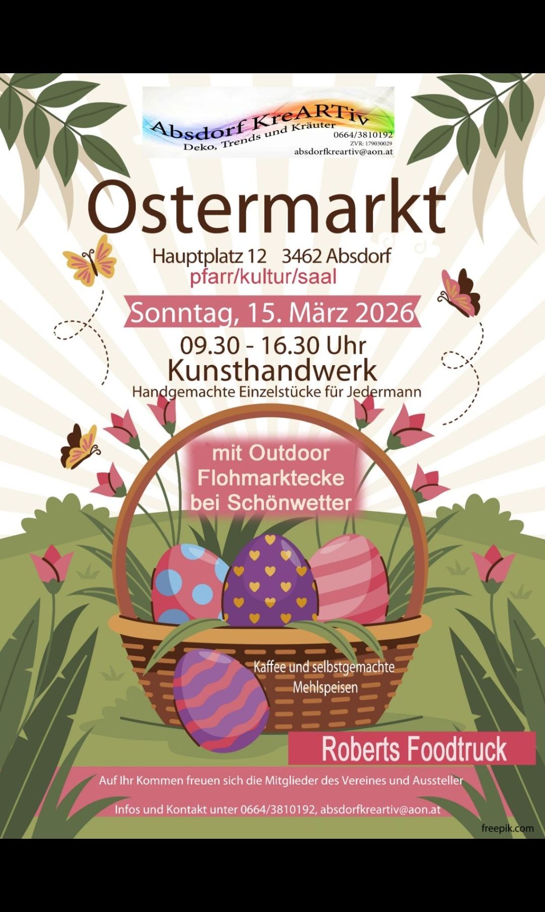 Plakat für Ostermarkt am 15. März 2026 mit handgefertigten Werken, Outdoor-Flohmarkt, Kaffee und selbstgemachten Kuchen.