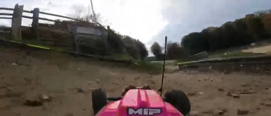 Ein rosafarbenes Spielzeugauto mit den Buchstaben 'MIP' darauf fährt auf einer unbefestigten Strecke mit Bäumen und einem bewölkten Himmel im Hintergrund.