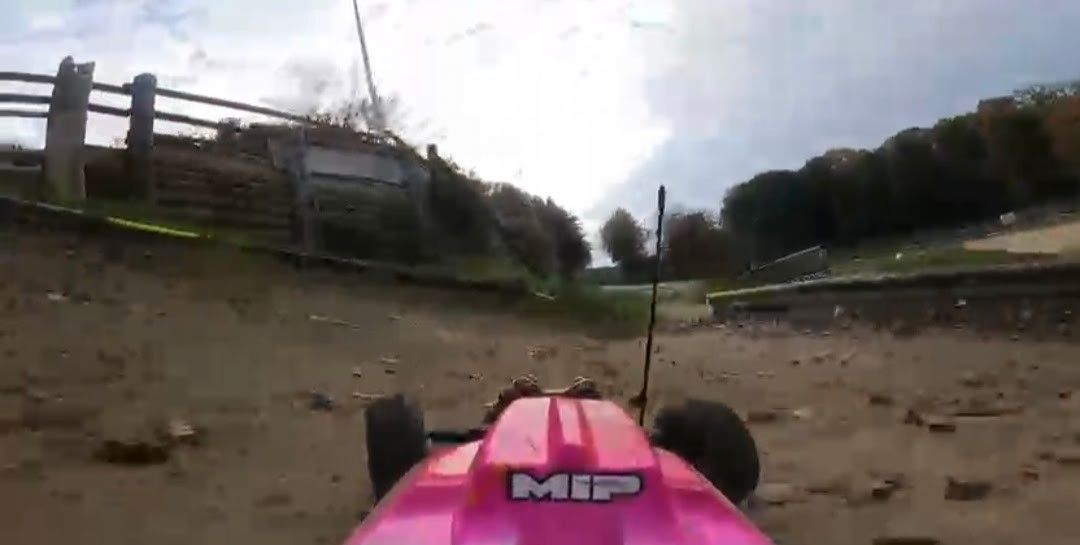 Ein rosafarbenes Spielzeugauto mit den Buchstaben 'MIP' darauf fährt auf einer unbefestigten Strecke mit Bäumen und einem bewölkten Himmel im Hintergrund.