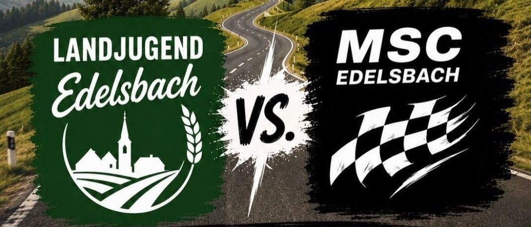 Ein Werbebild für ein Rennevent mit dem Text 'NDJUGEND Edelsbach VS.' auf grünem Hintergrund mit Dorf- und Weizengrafik und 'MSC EDELSBACHK' auf schwarzem Hintergrund mit Schachbrettflagge.
